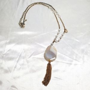 Chicos Tassel Necklace With‎ Agate Pendant Gold Tone Tassel Rhinestones 33"